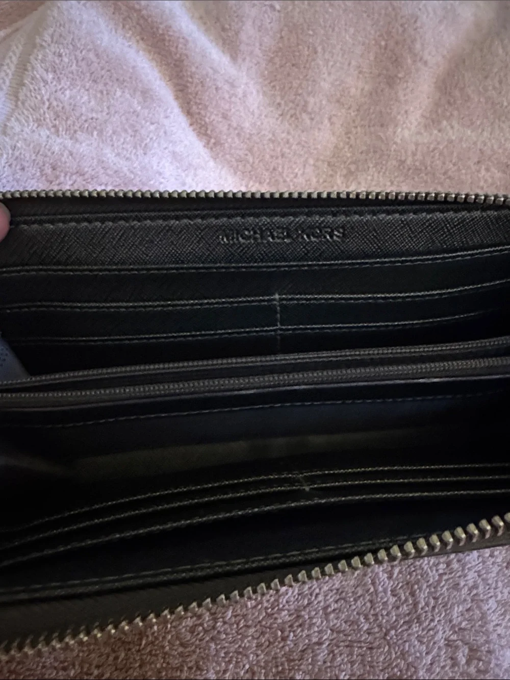 Michael Kors Metallic Gunmetal MK Logo Zip Wallet AND cosmetic bag.
